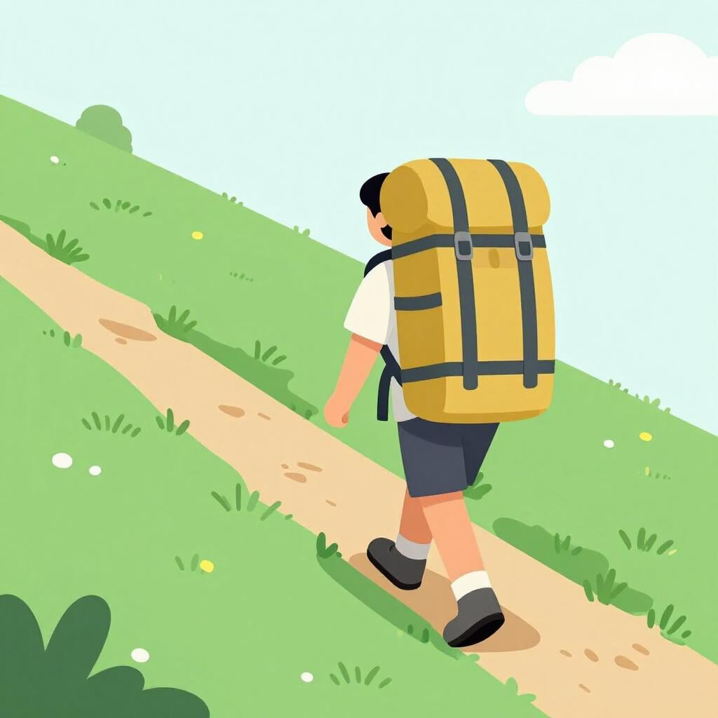 A hiker wearing a large, heavy backpack while walking up a steep green hill.