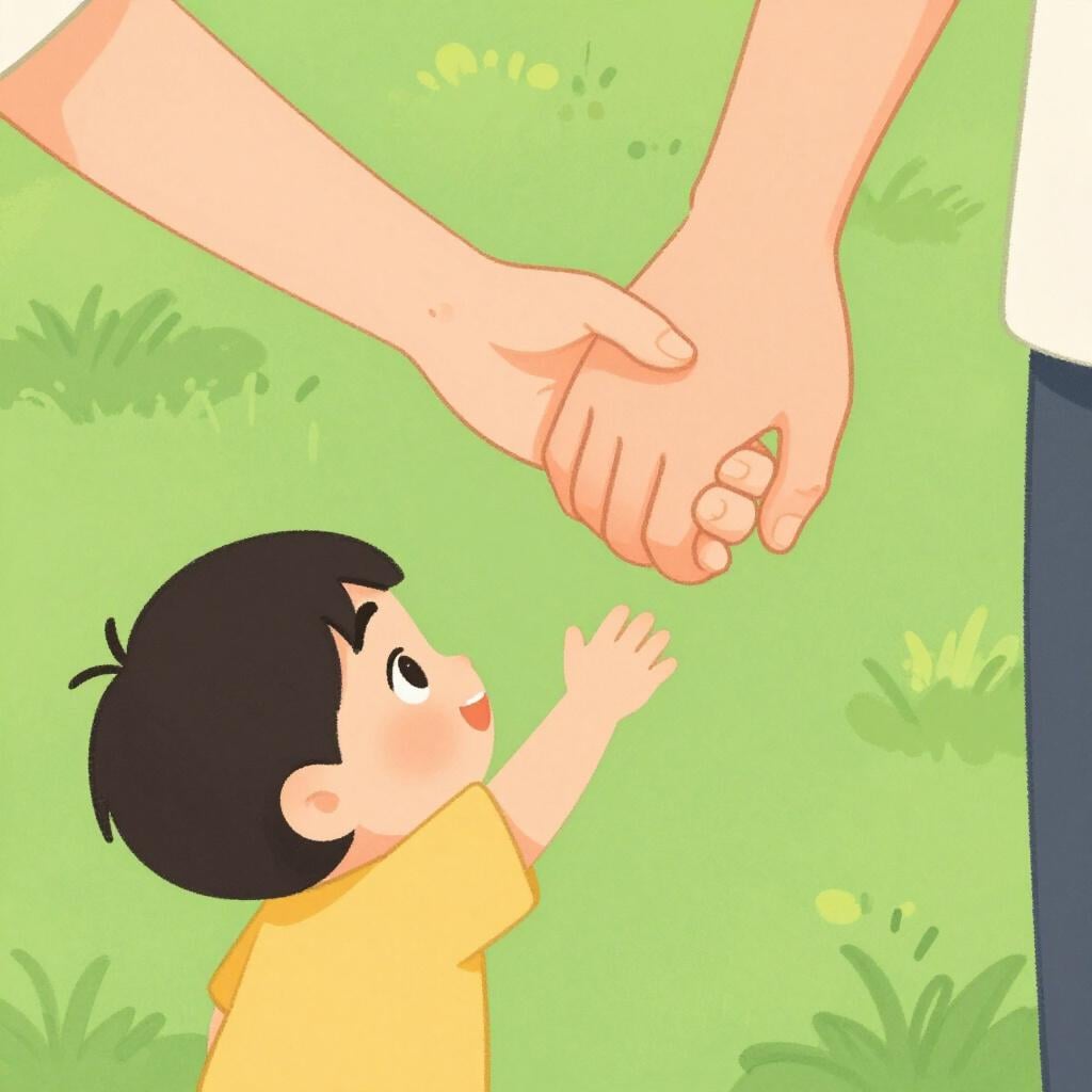 A small child reaching out to hold an adult's hand for guidance and support.