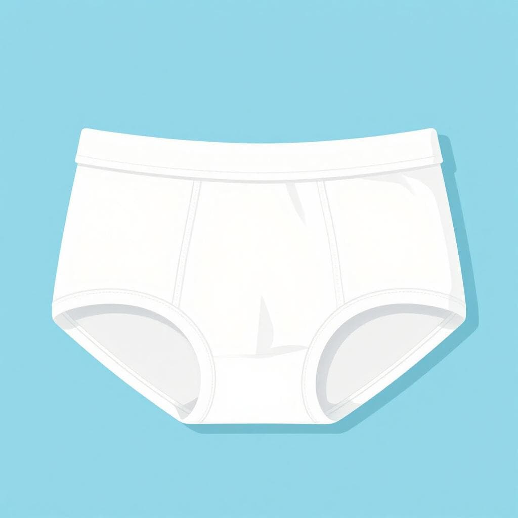 Une paire de sous-vêtements simples en coton blanc posée à plat sur un fond bleu doux.