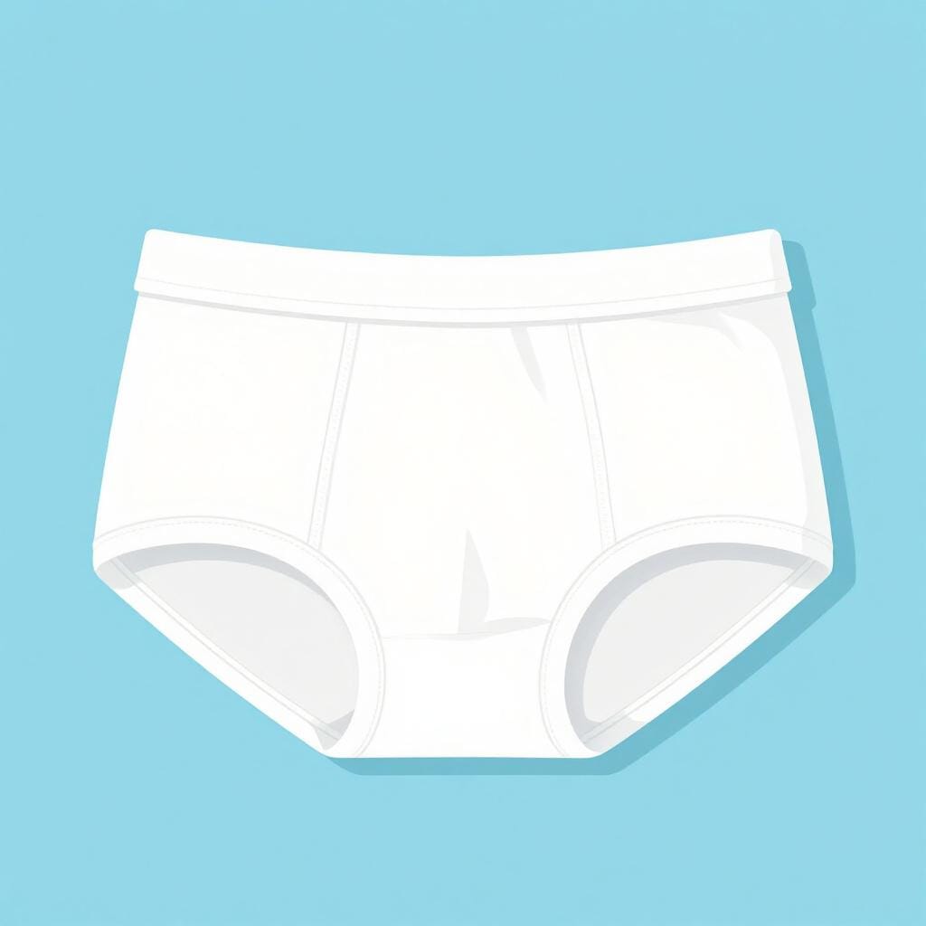 Een paar eenvoudige, witte katoenen onderbroeken plat liggend op een zachtblauwe achtergrond.