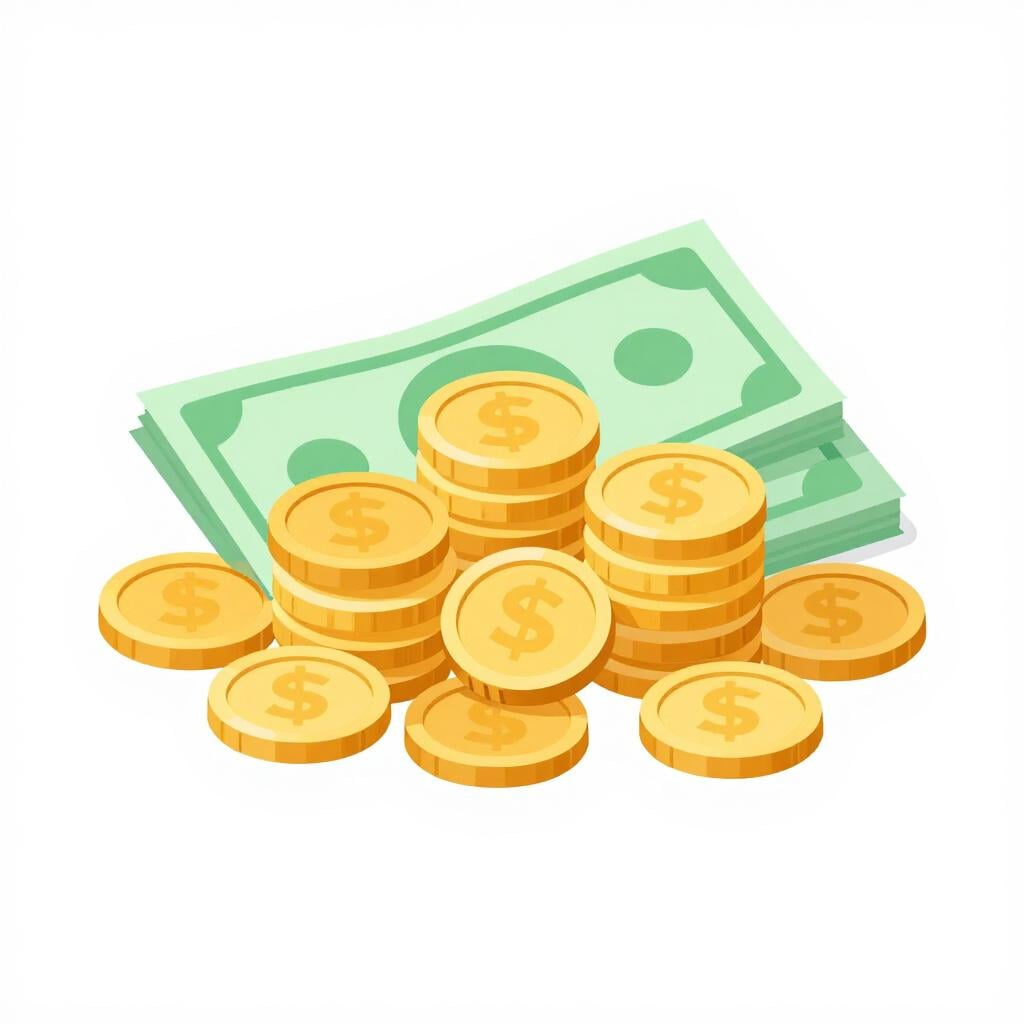 A pile of golden coins and colorful banknotes on a plain surface.