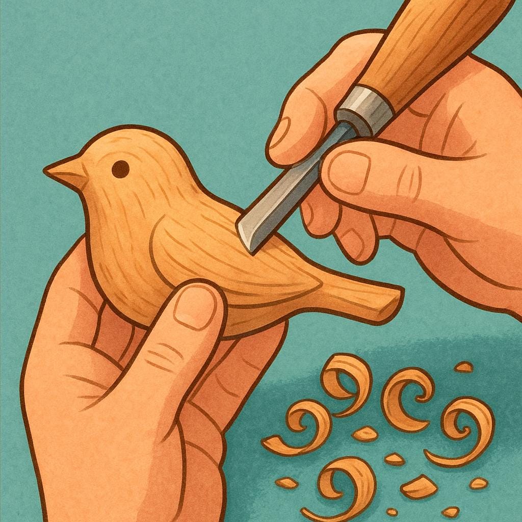 A close-up view of a person's hands expertly using a small, sharp chisel to carve a detailed, smooth wooden figure, showing precision and skill.