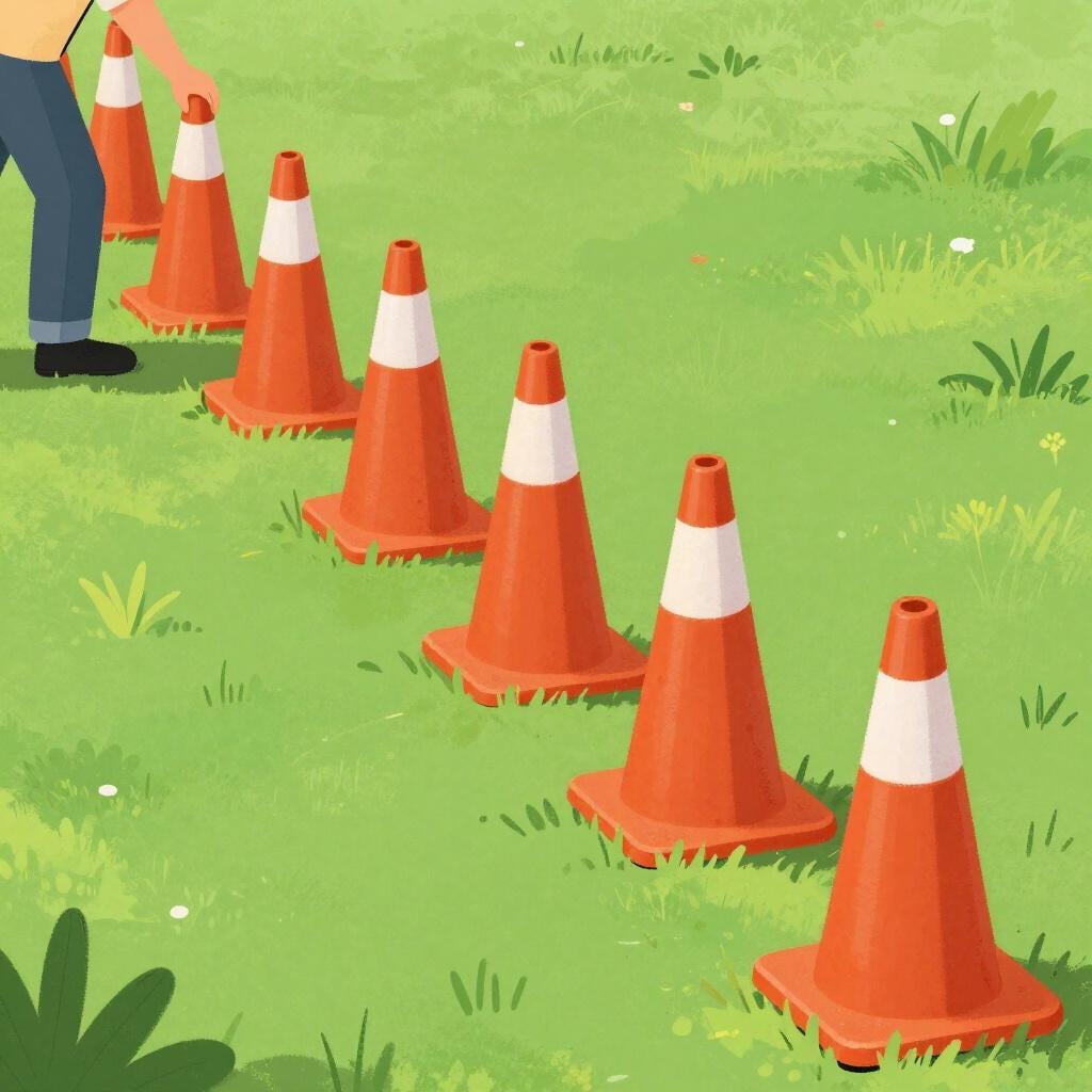 A person laying out bright orange cones in a straight line on a field.