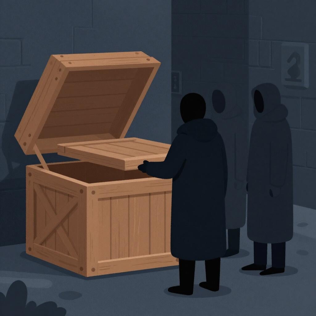 A group of shadowy figures standing next to a large wooden crate in a dimly lit alleyway.
