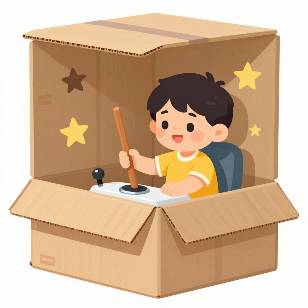 상자 안에서 버튼과 레버가 있는 첨단 우주선 조종석처럼 놀고 있는 아이.