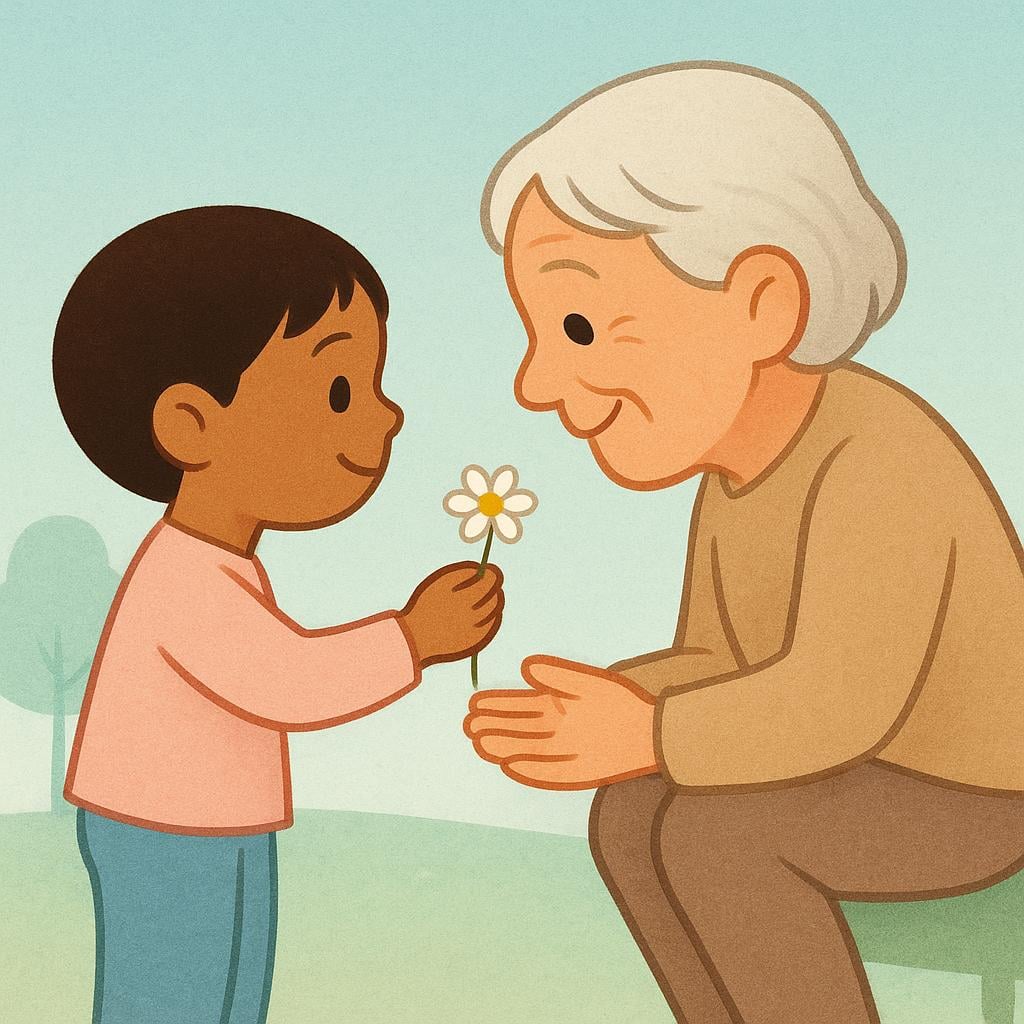 A friendly young child gently offering a small, brightly colored flower to a smiling elderly person.