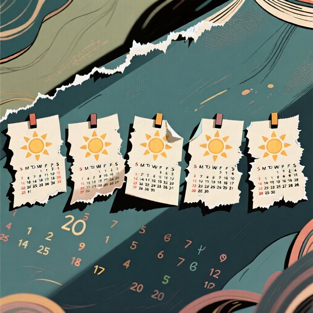 A sequence of seven stylized calendar pages, each with a sun icon, laid out in a row to represent multiple days.