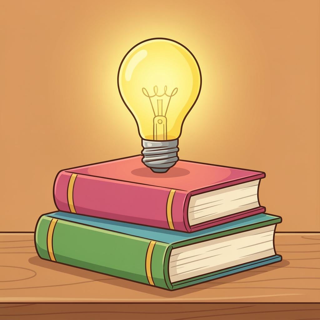 A glowing lightbulb resting on top of a stack of colorful books, representing the acquisition of knowledge.