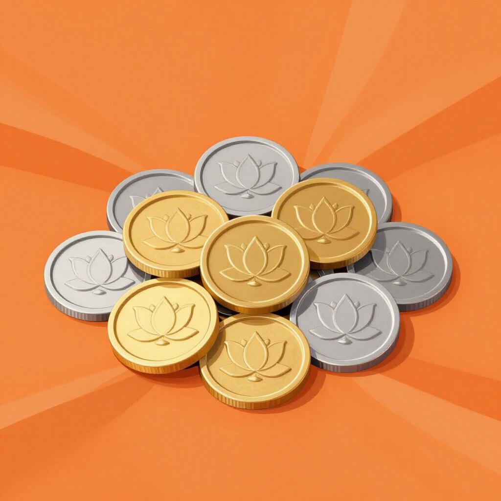 A small pile of shiny gold and silver coins resting on a vibrant, patterned silk cloth.