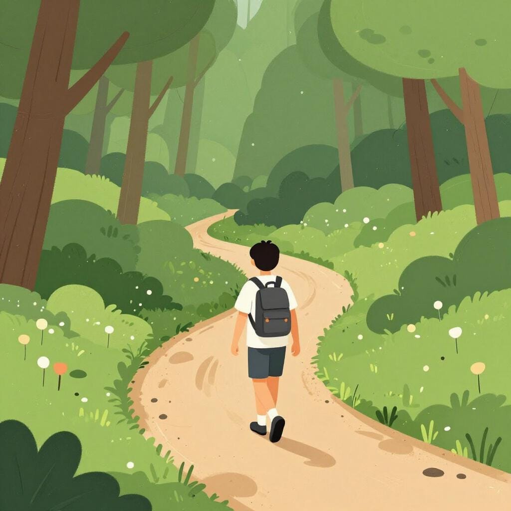 緑豊かな森の中の曲がりくねった土の道を歩くハイカー。