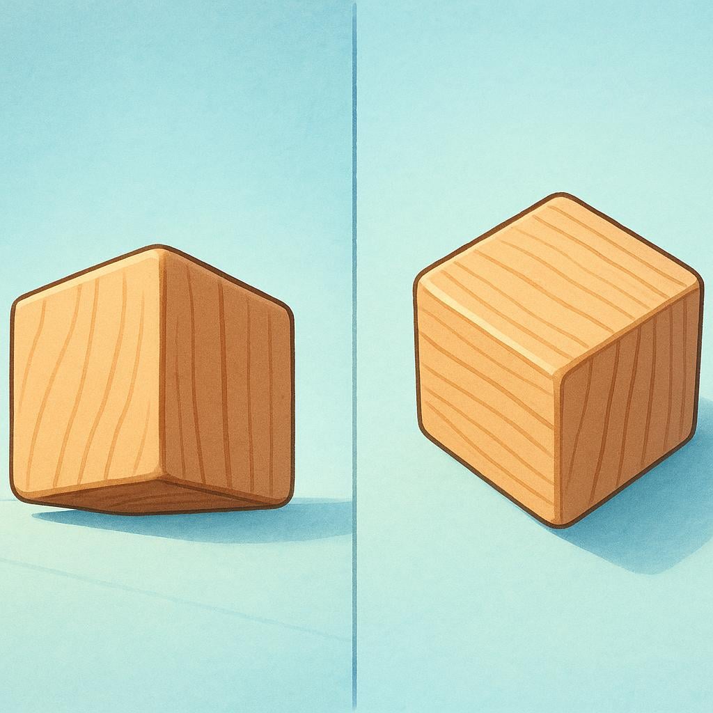 A single wooden block is depicted simultaneously from a low ground perspective and a high aerial perspective, emphasizing two distinct viewpoints.