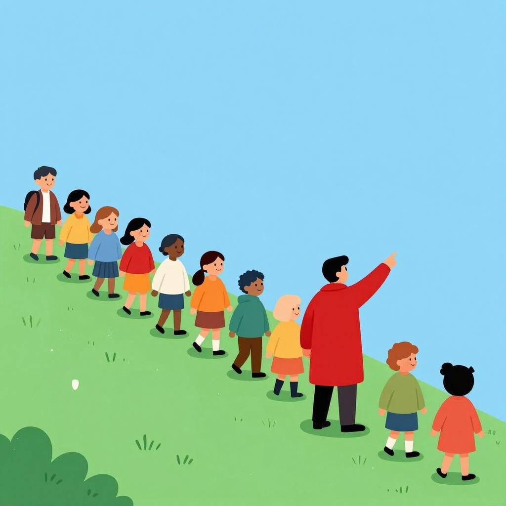 A person at the front of a line, leading others up a gentle green hill.