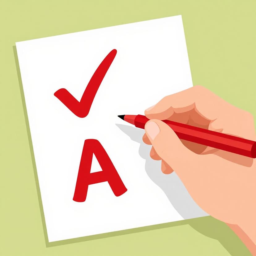 A hand using a red pen to mark a checkmark and a large letter grade on a paper.