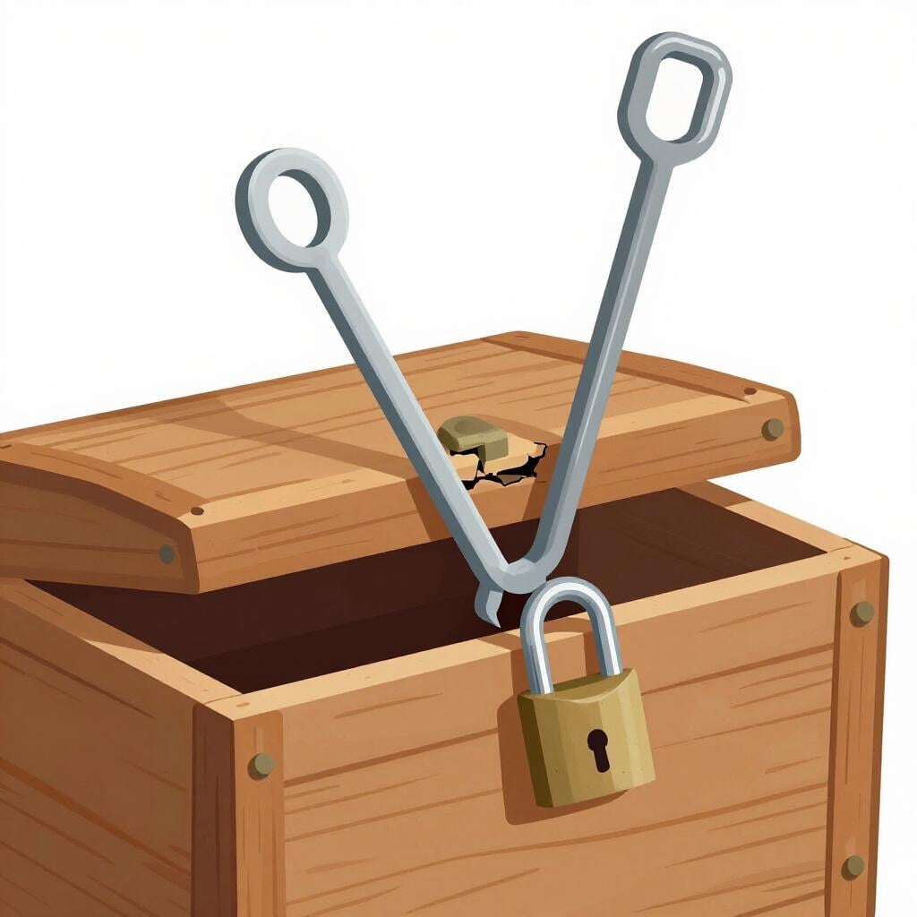 A metal crowbar prying open a wooden treasure chest with the lock snapping.