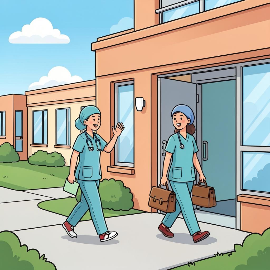 A doctor in a white coat leaving a hospital building while a nurse in blue scrubs enters, representing a change in work periods.