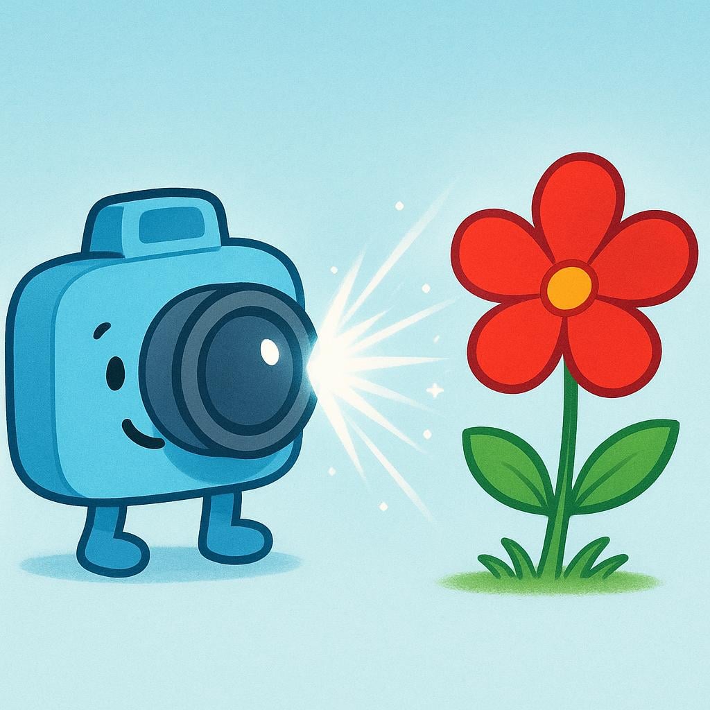 A simple camera pointed towards a vivid red flower, with a burst of light indicating a photograph is being taken.