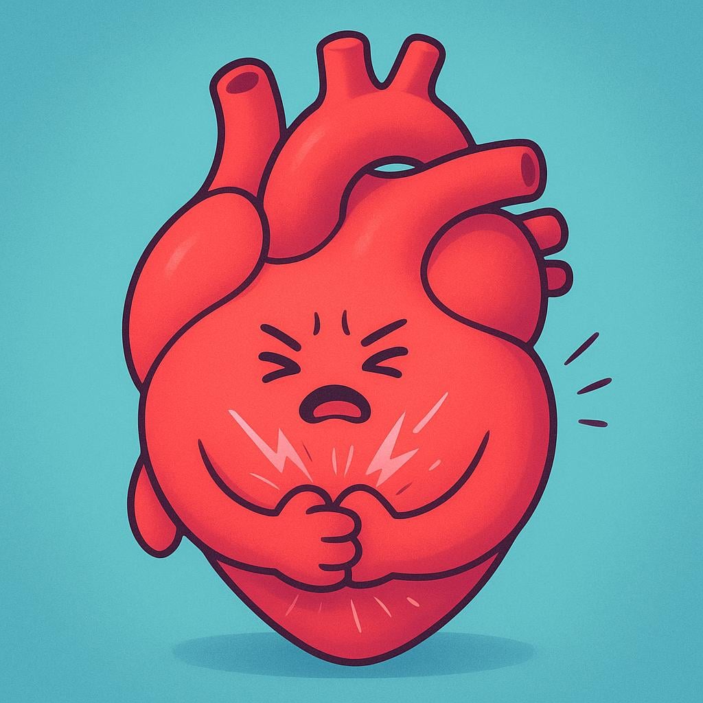 A stylized, simple red human heart organ clutching its center with a look of sudden, intense pain, indicating a heart attack.