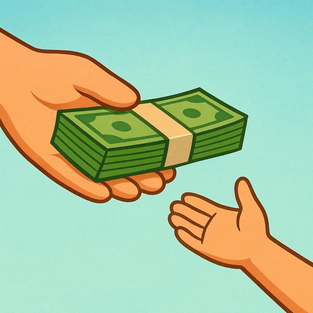 A colorful illustration of a large hand passing a thick bundle of money, secured with a band, to a smaller, outstretched hand, symbolizing a financial loan.