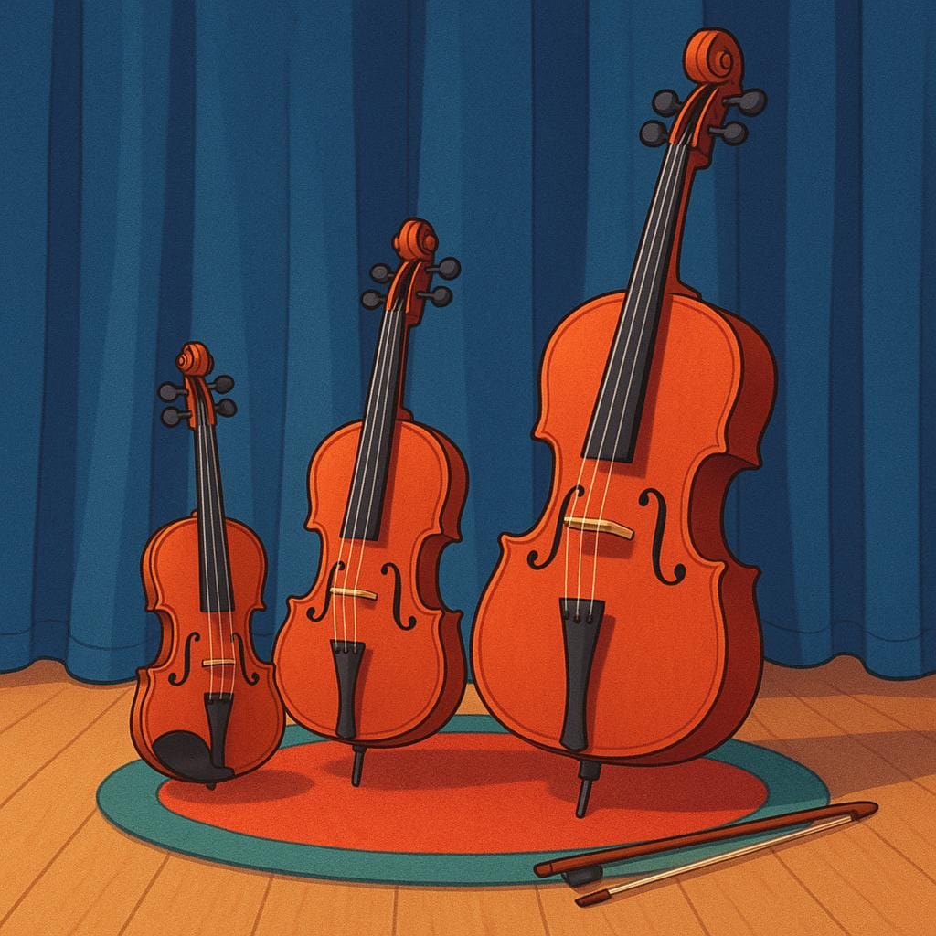 A simple illustration showing a violin, a viola, and a cello placed together, representing a complete set of related musical instruments.