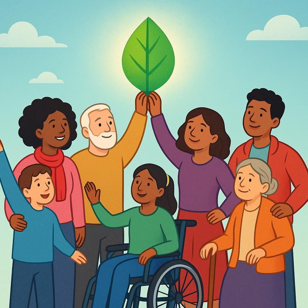 A group of diverse individuals standing shoulder-to-shoulder, holding up a large illustration of a green leaf, symbolizing a shared cause or movement.