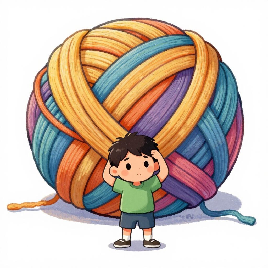 Un personnage dans un style de livre d'histoires coloré, l'air confus en regardant un nœud de fil géant et emmêlé.