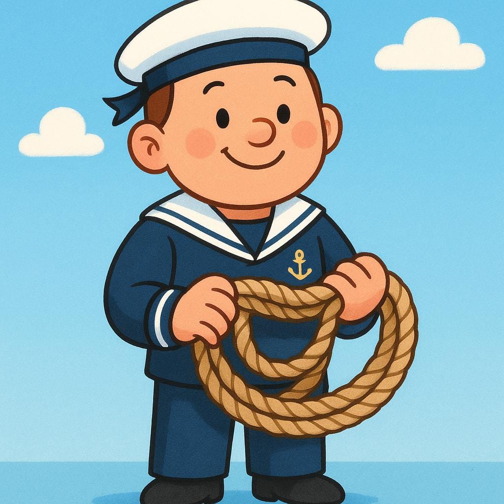 A cartoon illustration of a smiling sailor wearing a white cap and blue uniform, holding a coiled piece of rope over his shoulder.