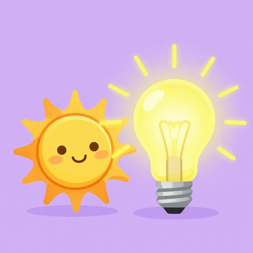 A sun and a bright yellow lightbulb side by side.