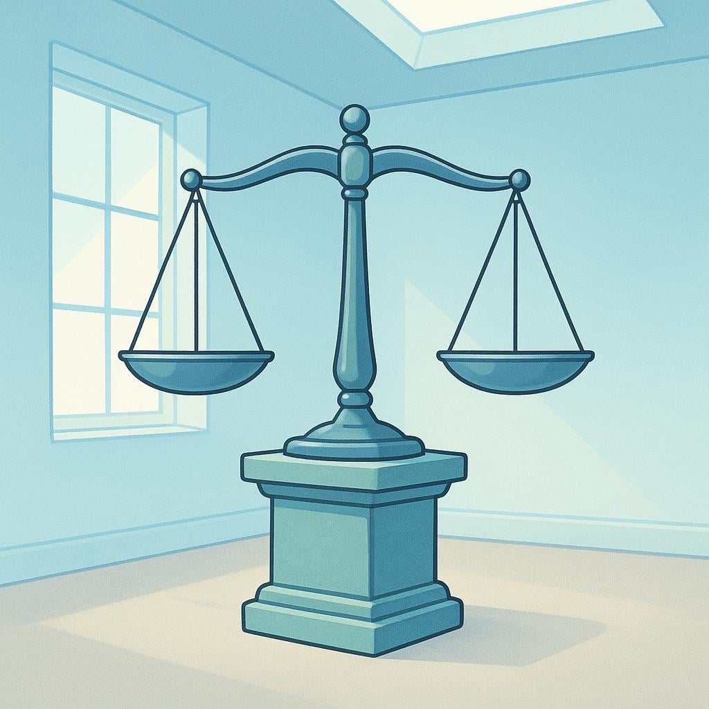 A perfectly balanced set of scales, typically associated with justice, resting on a pedestal, representing a legal case.