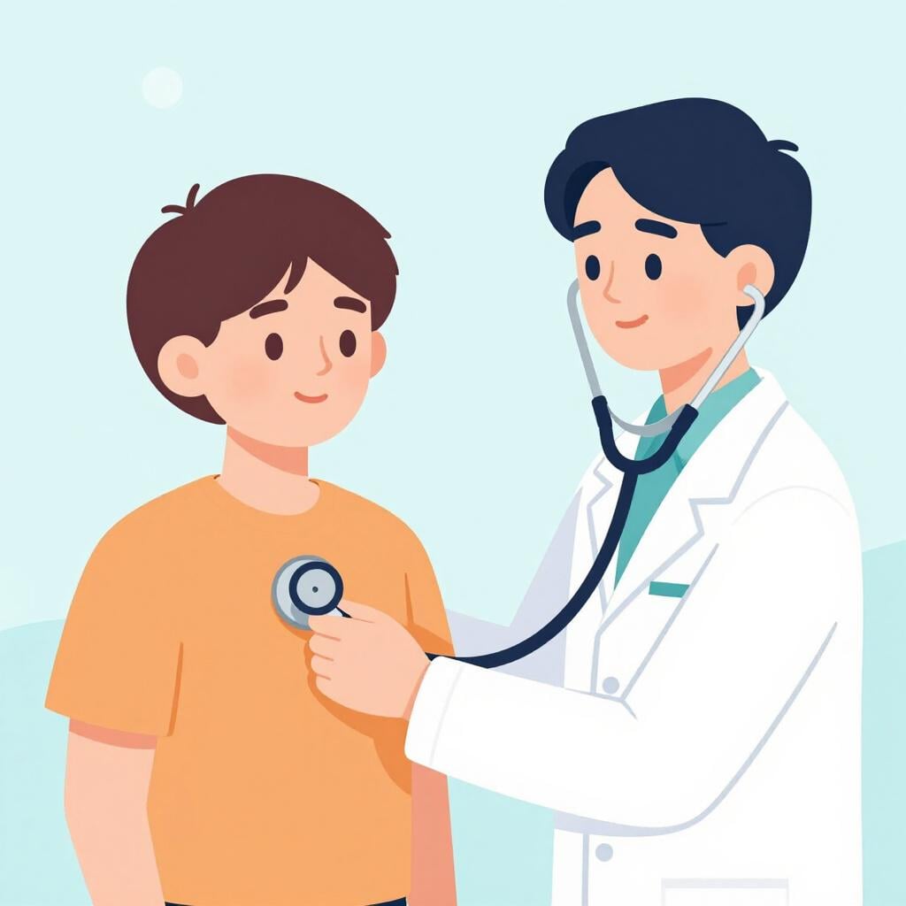 Um médico amigável usando um estetoscópio para ouvir o batimento cardíaco de um paciente sorridente em uma sala clara.