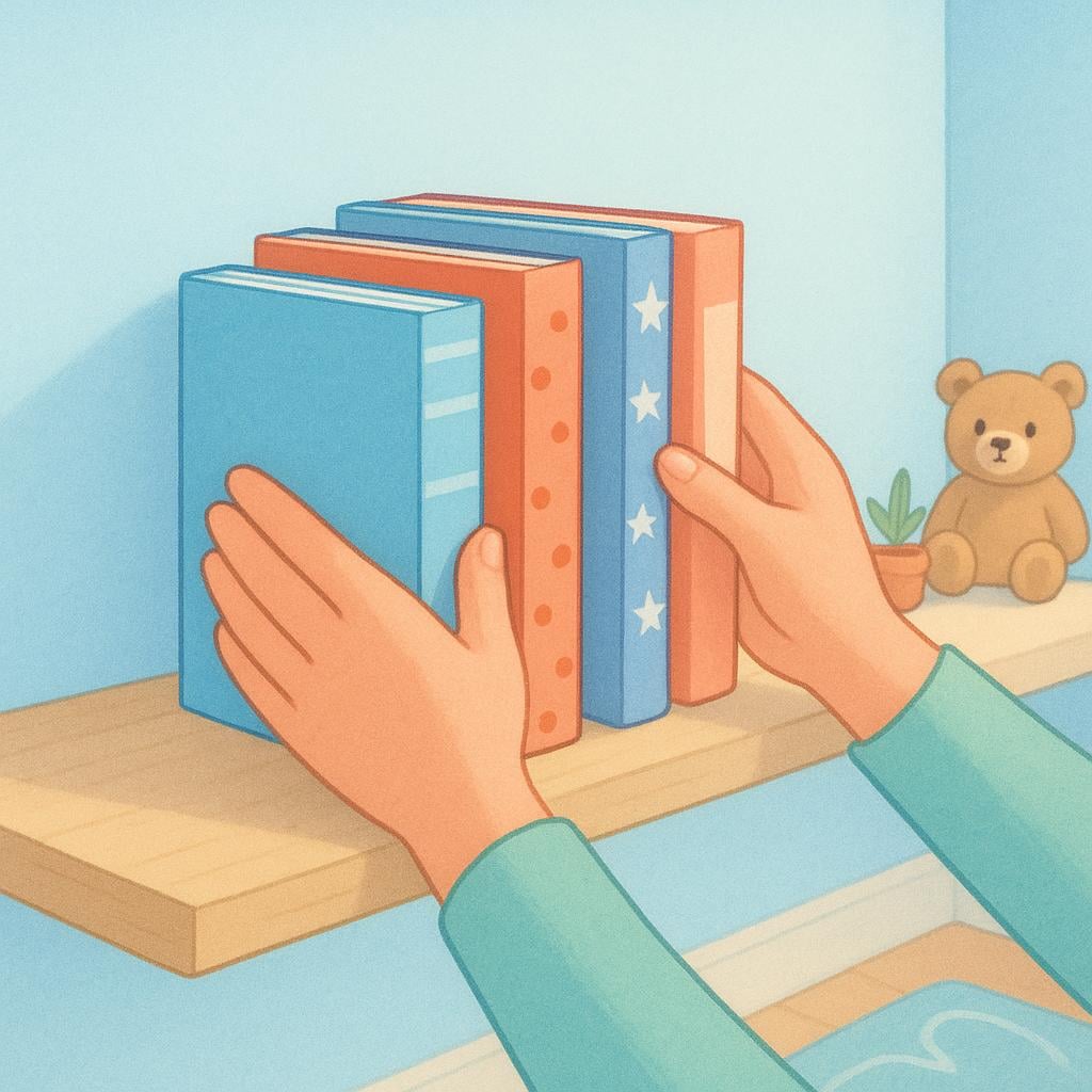 A person's hands placing colorful books neatly onto an empty shelf in a bright room.