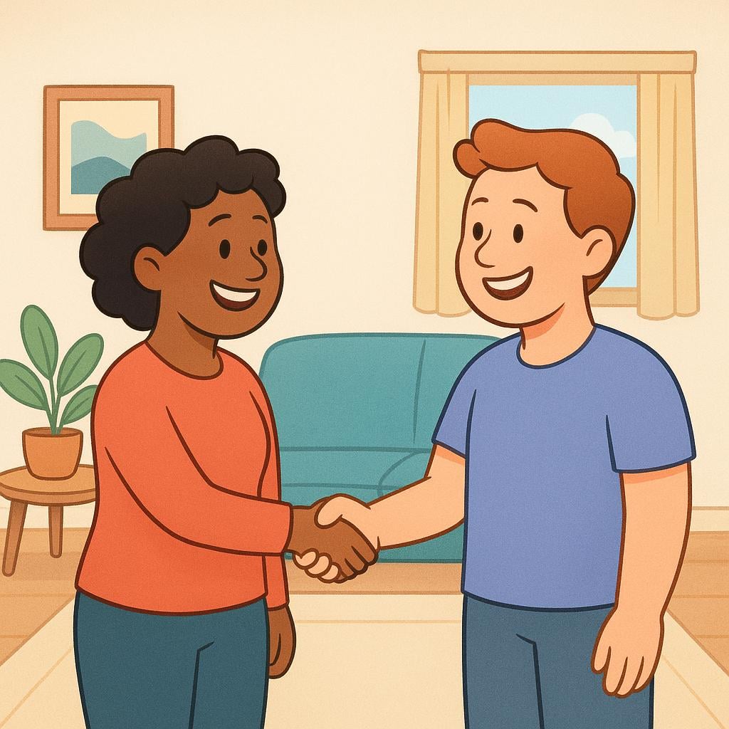 Two cartoon people, one man and one woman, standing in a bright, friendly setting, shaking hands warmly to signify their first meeting.