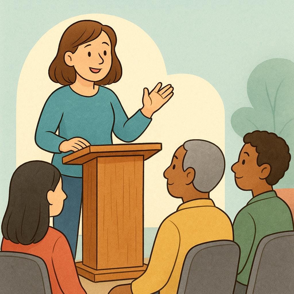 A storybook illustration of a woman giving a casual presentation or short lecture to a small, attentive audience of three people.