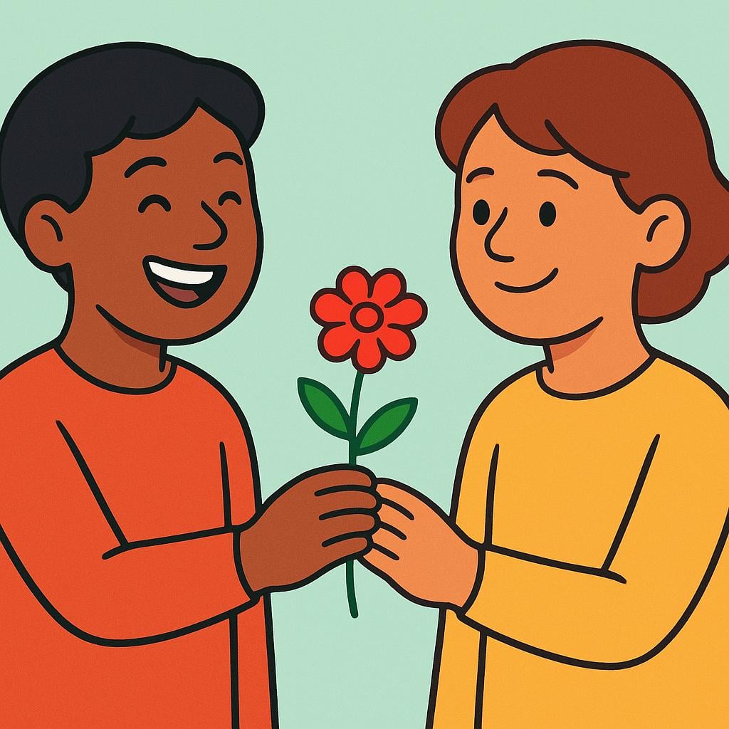 A person smiling and handing a bright red flower to another person as a gesture of thanks.