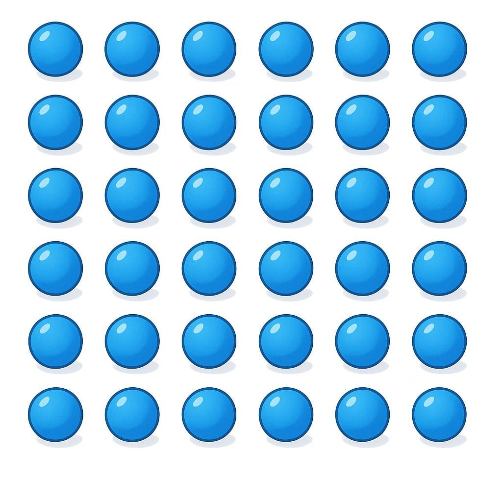 A collection of exactly fifty identical, brightly colored objects, such as red apples or blue spheres, arranged neatly on a plain background, illustrating the cardinal number fifty.