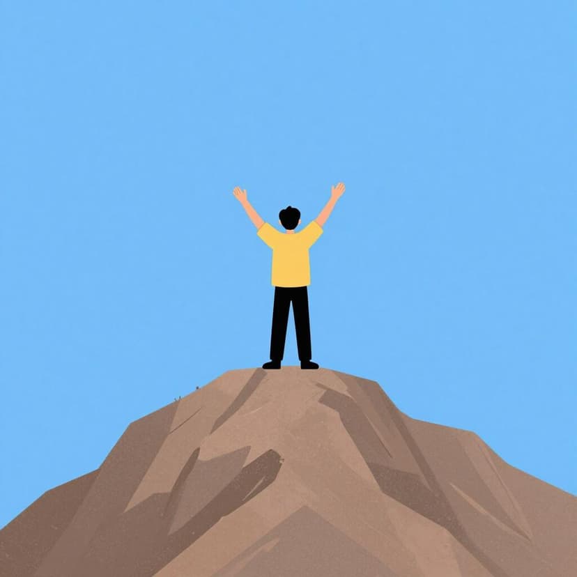 Eine Person steht triumphierend auf dem Gipfel eines hohen Berges unter einem klaren blauen Himmel.