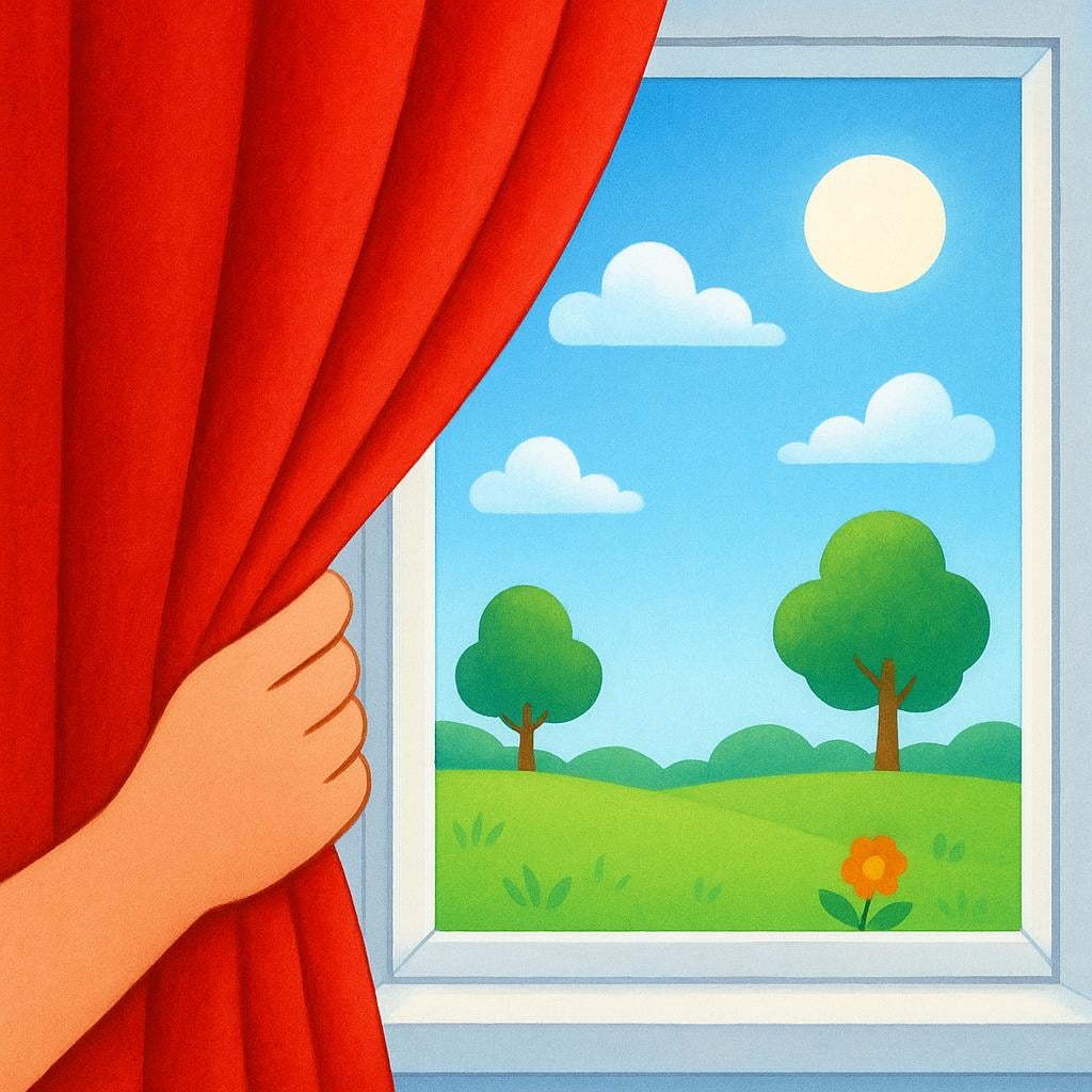 A hand gently pulling a bright red curtain to the side, opening the window view.