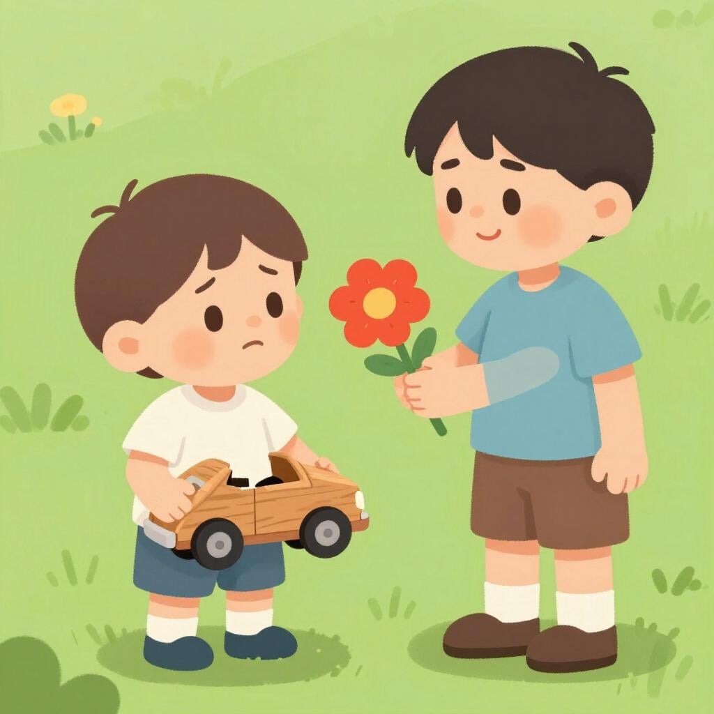 A child offering a bright red flower to another child who has a broken toy.