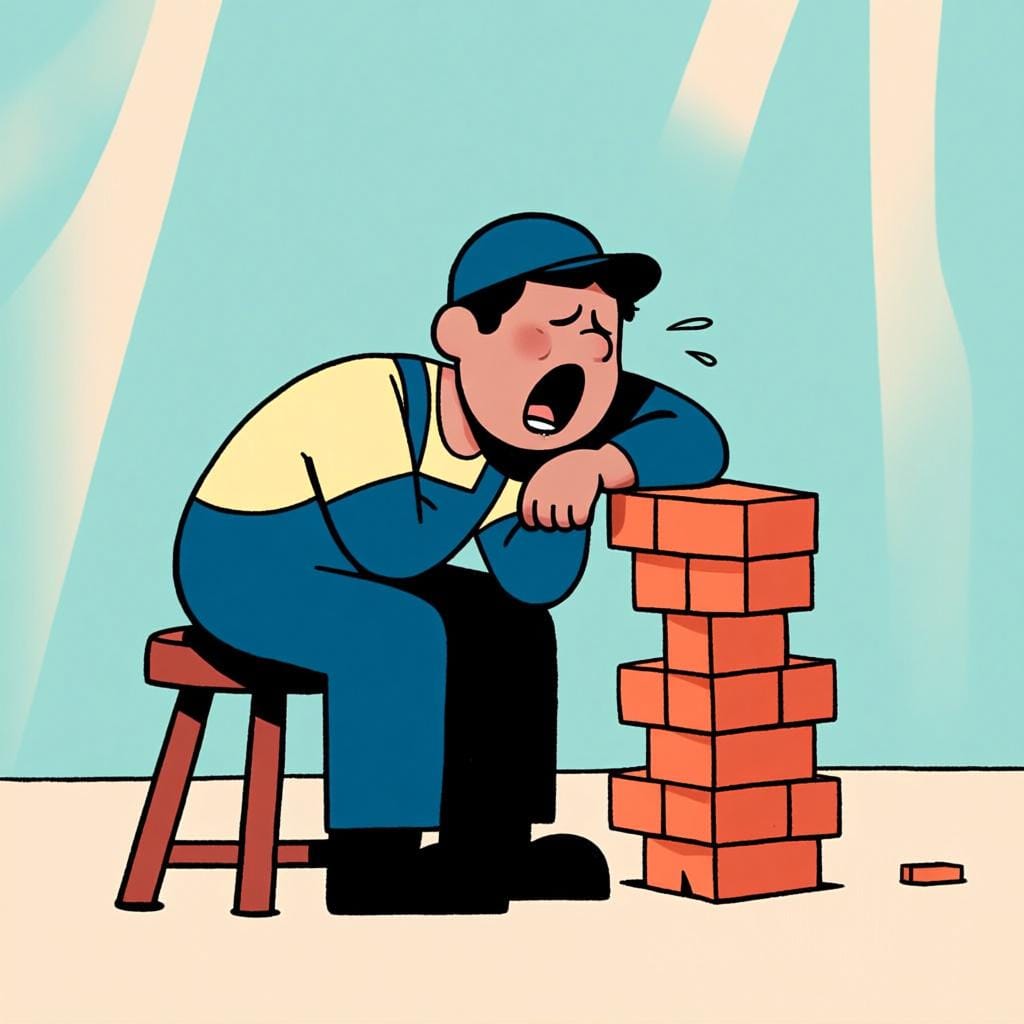 Una persona in abiti da lavoro è accasciata, sbadigliando ampiamente e apparendo estremamente stanca accanto a una pila di lavoro finito, rappresentando l'estrema spossatezza.