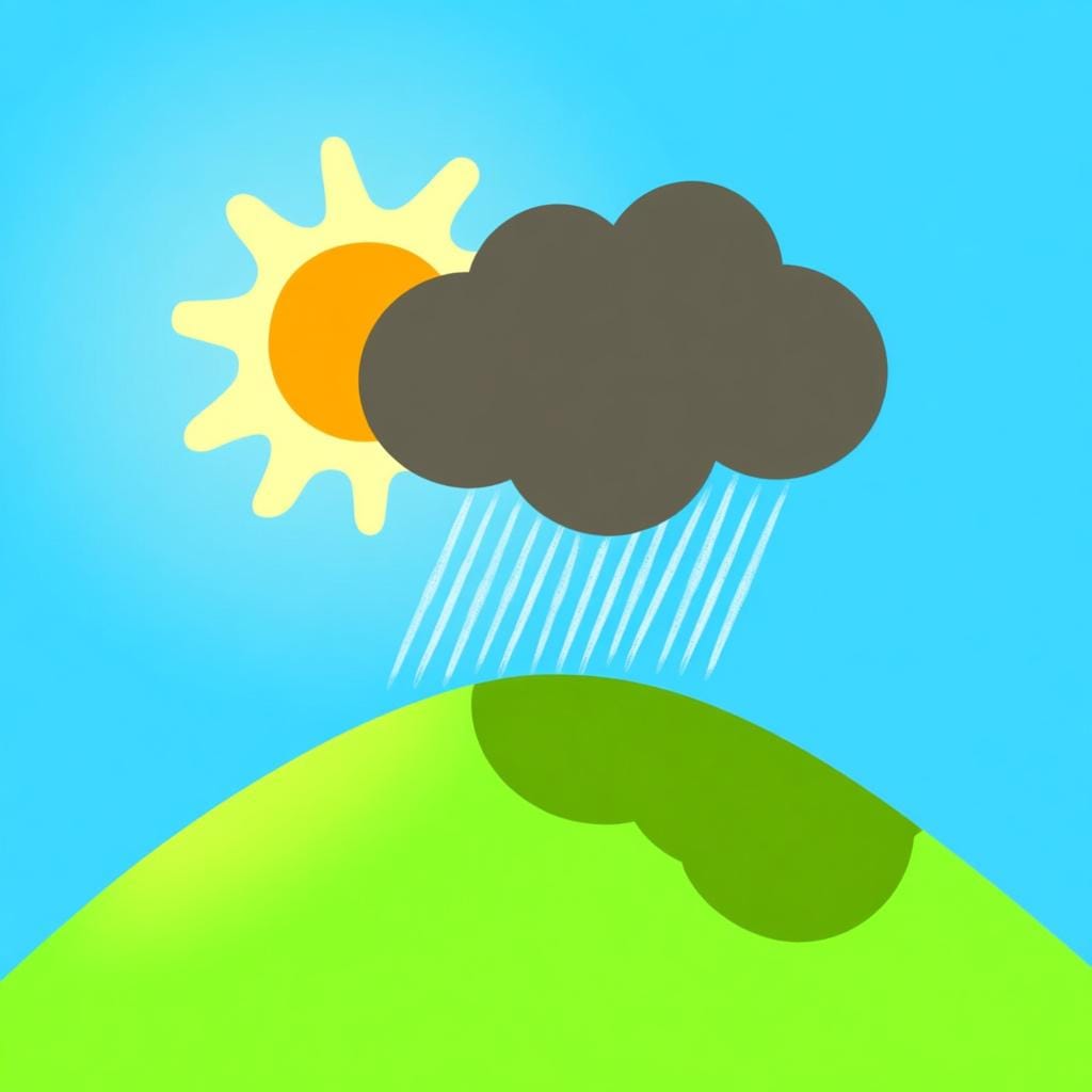 A bright, sunny landscape featuring a green hill. A single, large, dark grey rain cloud is moving quickly into the sunny area, casting a noticeable shadow below, symbolizing a high probability of rain.
