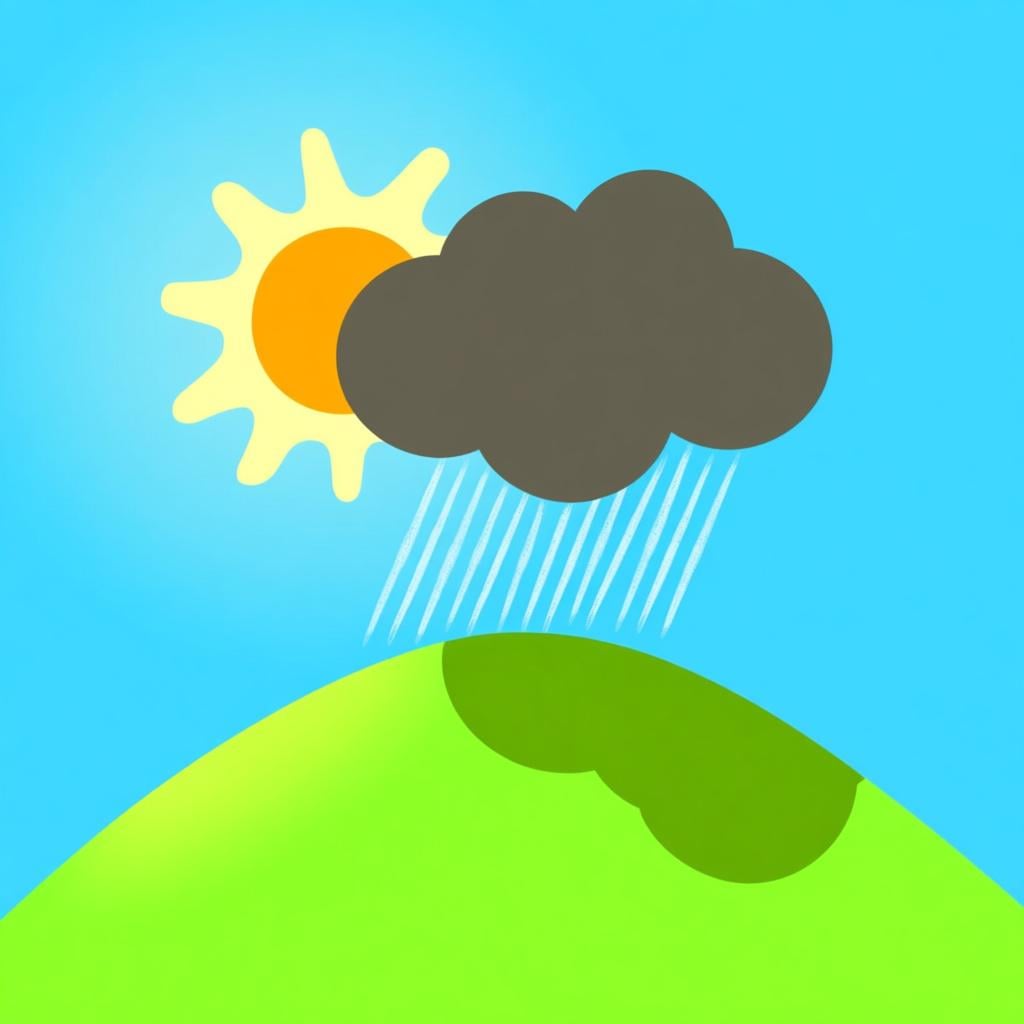 A bright, sunny landscape featuring a green hill. A single, large, dark grey rain cloud is moving quickly into the sunny area, casting a noticeable shadow below, symbolizing a high probability of rain.