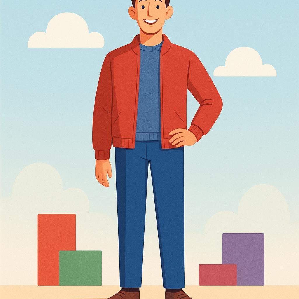 A tall, smiling adult standing confidently, representing someone who is grown up.