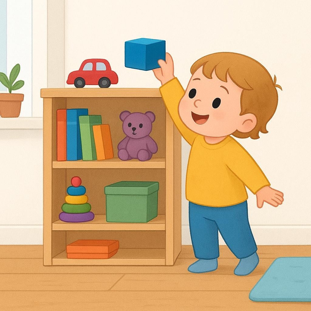 A child maintaining order by placing a colorful toy block onto a perfectly organized, clean shelf.