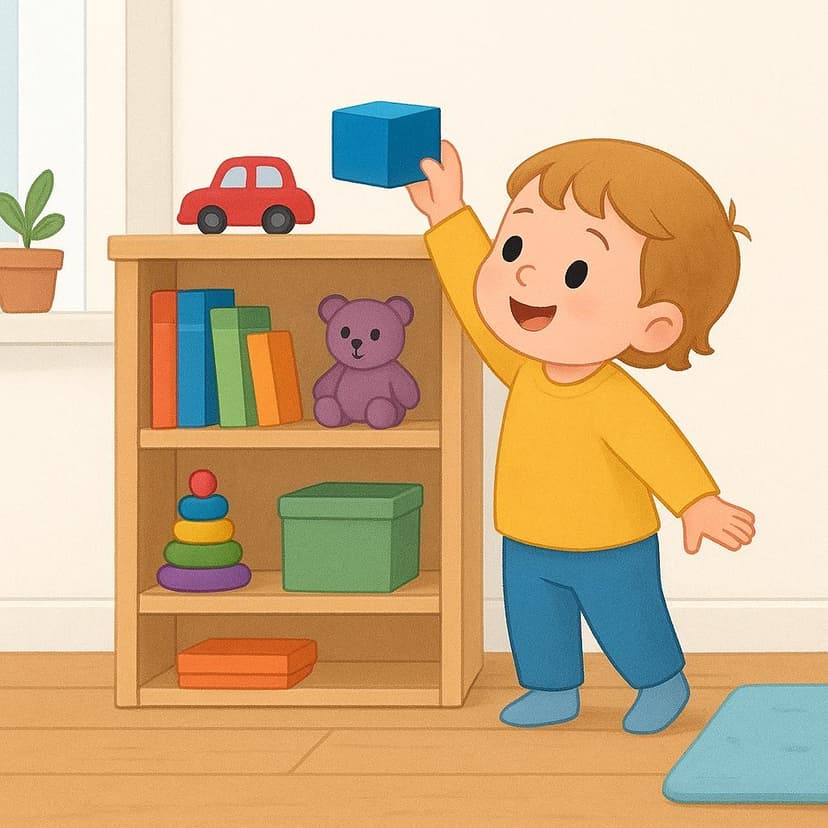 A child maintaining order by placing a colorful toy block onto a perfectly organized, clean shelf.