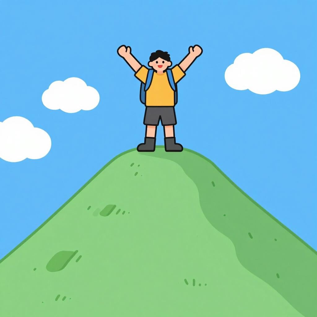 A hiker standing on top of a bright green mountain peak with their arms raised in triumph.