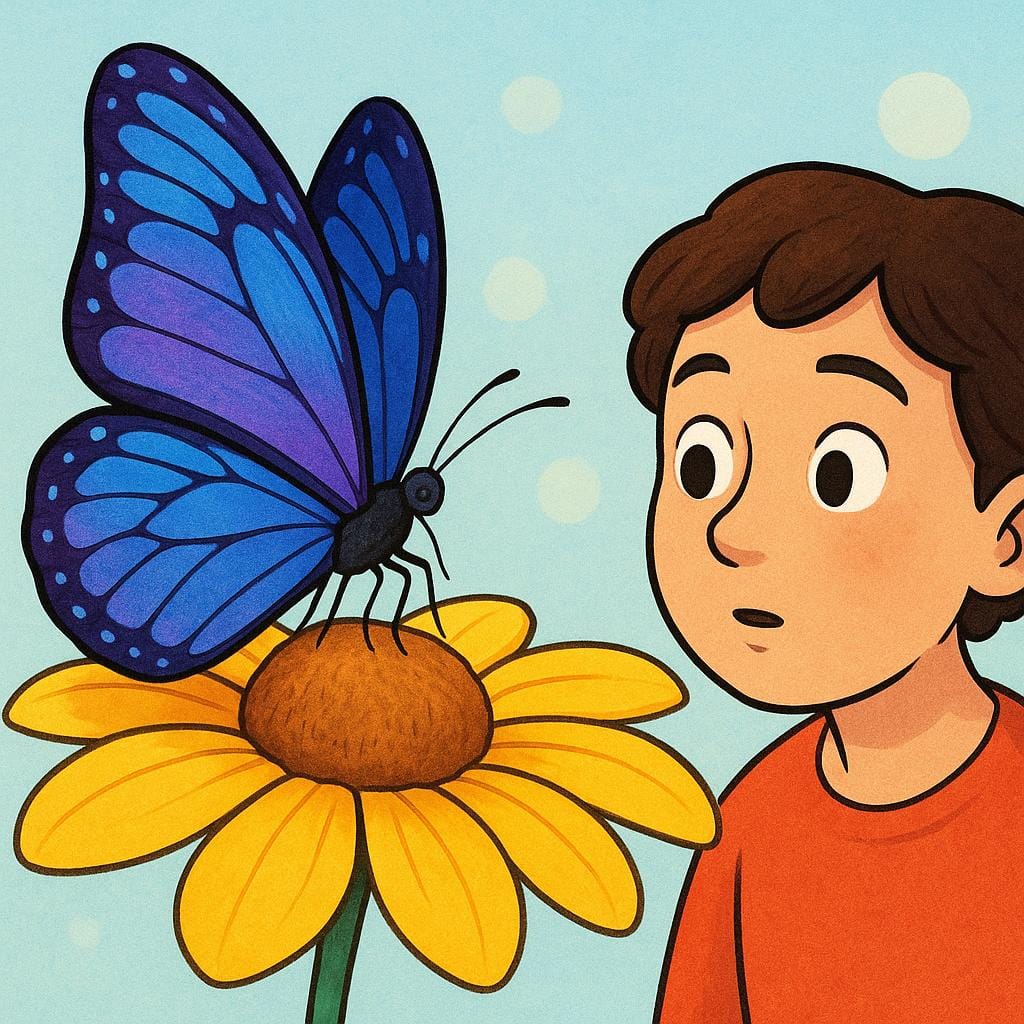 A person gazes intently at a large, vibrant blue and purple butterfly perched on a flower, their attention completely fixed on the insect.