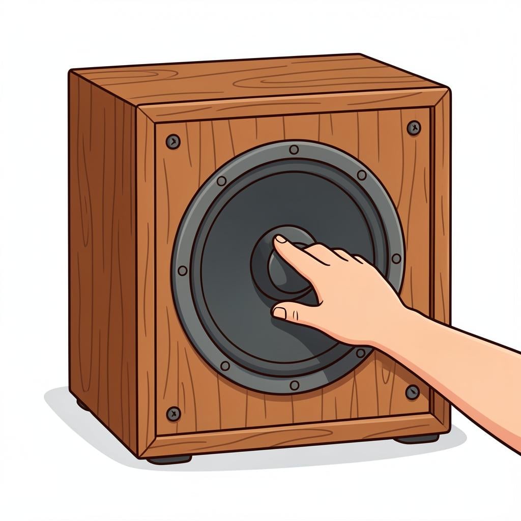 A hand turning a large round dial on a speaker to the right.