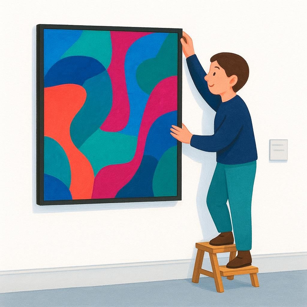 A person wearing smart casual clothes carefully examining and adjusting the placement of a colorful piece of abstract art on a white museum wall.