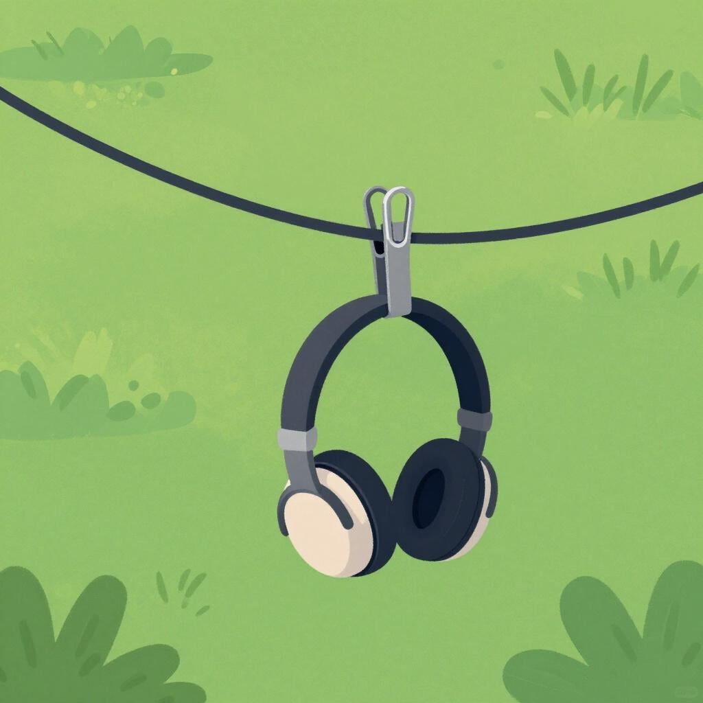 A pair of headphones connected to a wire that is clipped onto a telephone line pole.