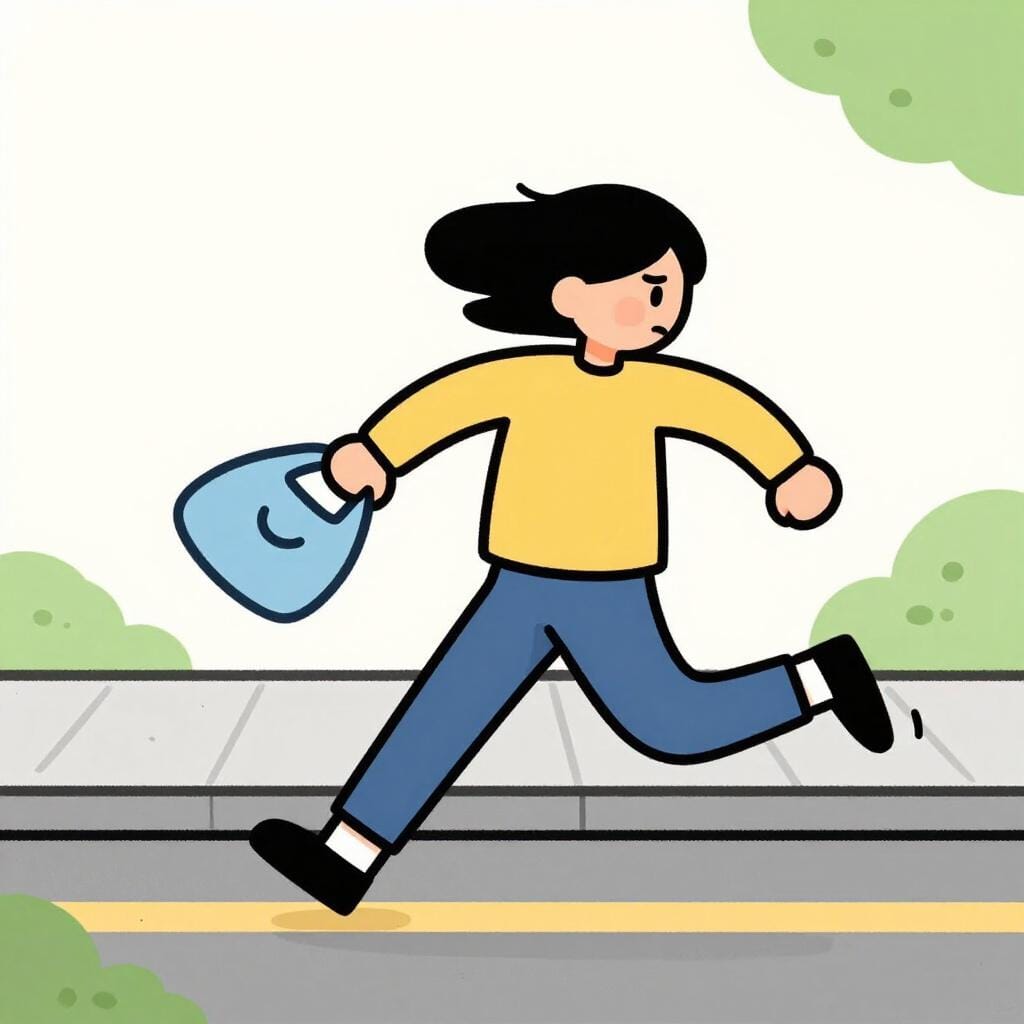 Uma pessoa correndo rápido com uma mochila, parecendo aflita e apressada.