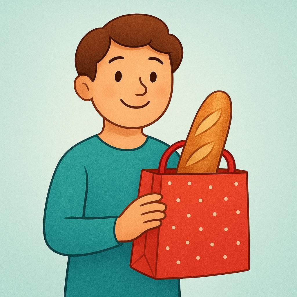 A happy cartoon character is holding a single, brightly colored shopping bag containing a freshly purchased loaf of bread. The character looks satisfied with their acquisition.
